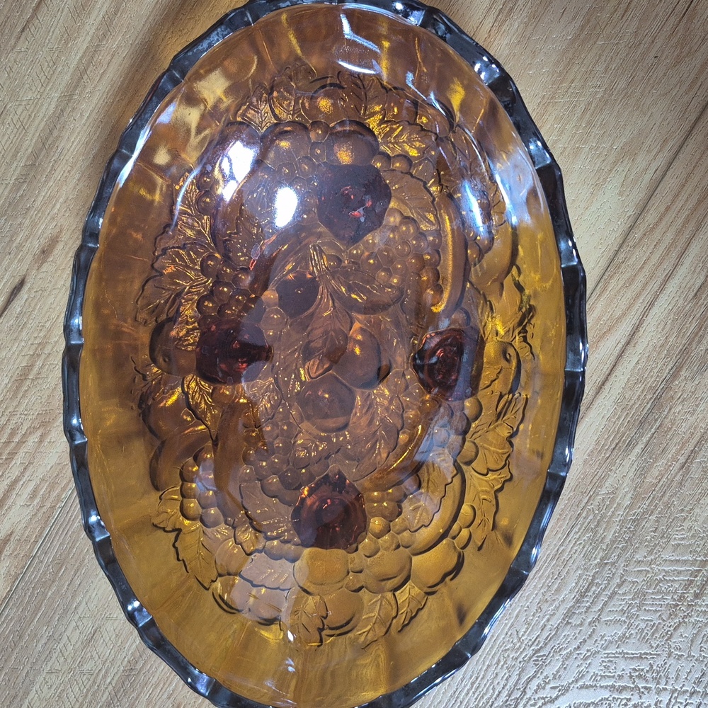 Amber Vintage  Carnival Glass Footed Fruit Bowl
